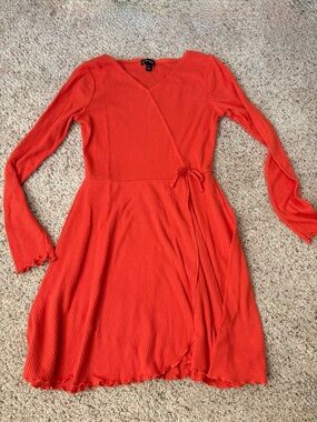 Kid’s Ribbed Wrap Dress in Bright Orange